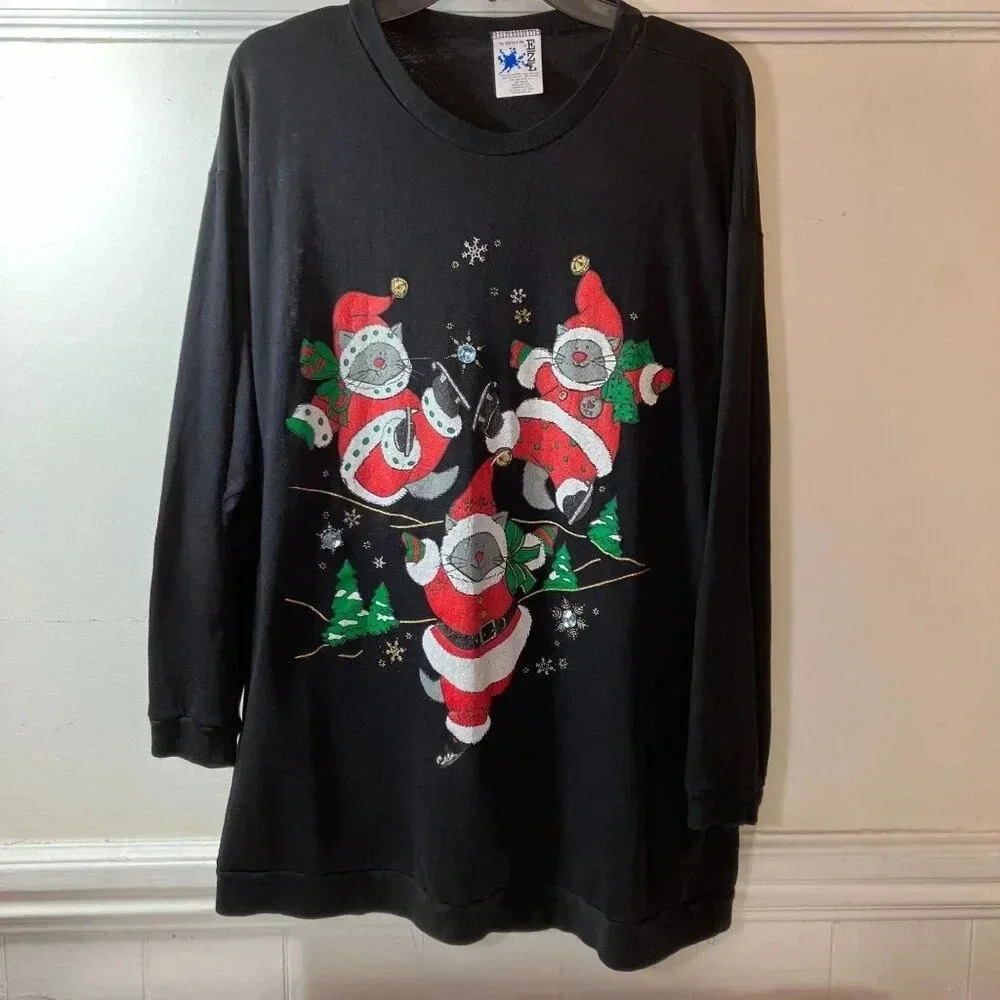 Marcy 'n Me Womens 90s Vintage Christmas Santa Claus Cats Shirt 1X Black XM EXC - Picture 6 of 8